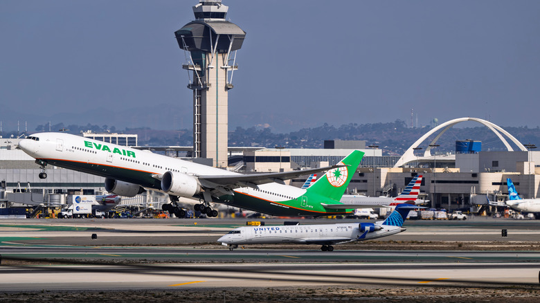 View of an EVA Air plane taking off at LAX