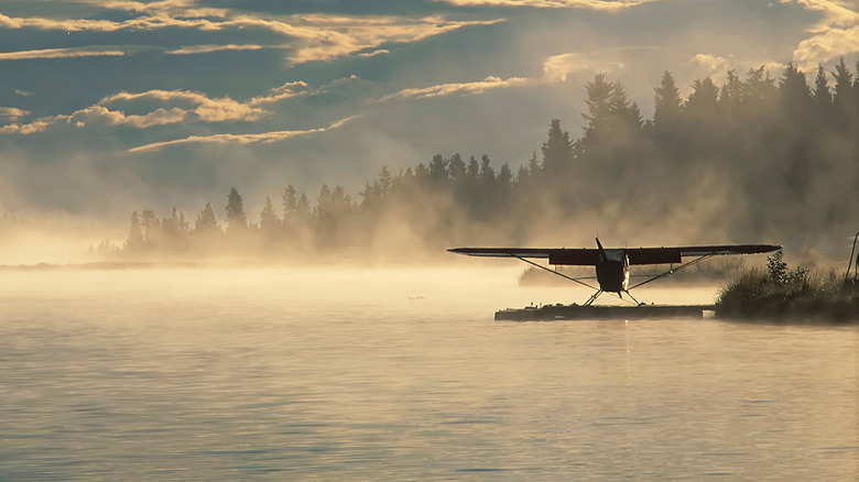 A floatplane preparing for a sunrise departure from Homer, Alaska.