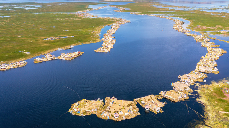 Floating reed islands on Lake Titicaca in Peru.