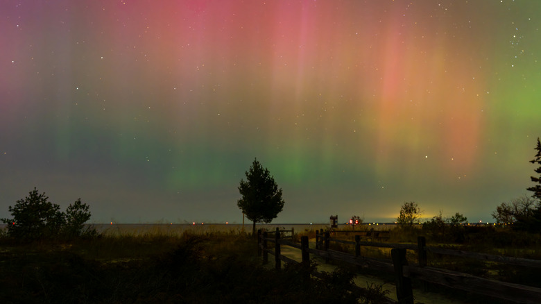 Pink, yellow, and green lights of the aurora borealis near Mackinaw City