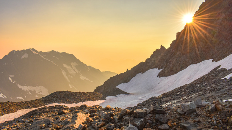 Sunrise coming up over Sahale Glacier in the North Cascades, Washington