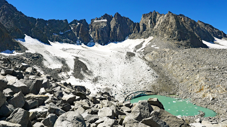 Palisade Glacier and a turquoise lake in the Sierra Nevada, California