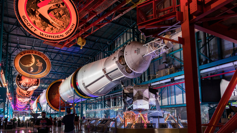 The Apollo Saturn V rocket used to go to the moon in 1969 on exhibit at the Kennedy Space Station