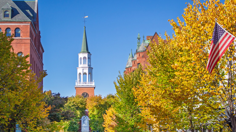The central view of Church Street Markeplace as the surrounding trees change from green to yellow