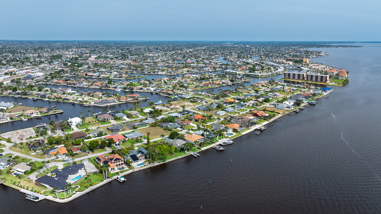 An aerial shot of canals and homes in Cape Coral on the Florida Gulf Coast
