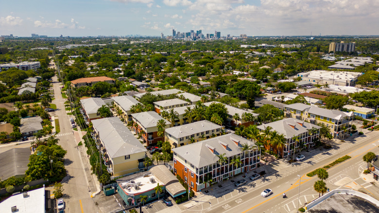 An aerial view of Wilton Manors with the downtown Fort Lauderdale skyline in the background