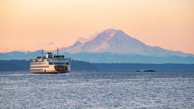 A ferry passing through the Puget Sound at dusk