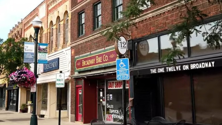 Businesses in historic brick buildings on Broadway Avenue in downtown Albert Lea, Minnesota