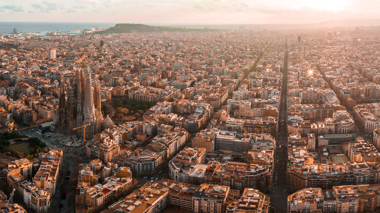 An aerial view of Barcelona at sunset.