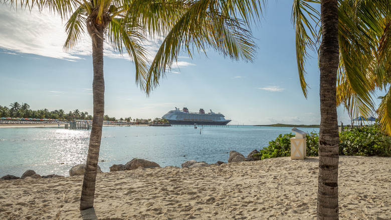 View of Disney Cruise Line ship taken from the beach on Castaway Cay with palm trees in foreground
