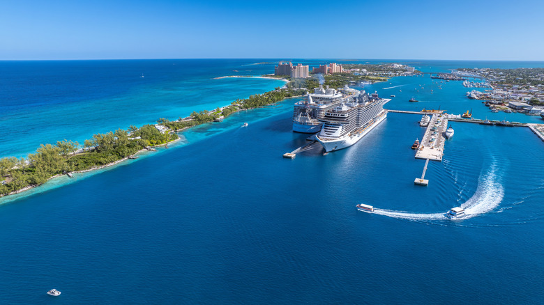 Aerial view of cruise ships docked at the Nassau, Bahamas port