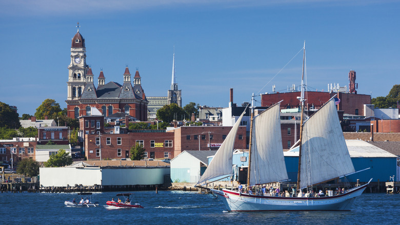 A sailboat in historic Gloucester Harbor, Cape Ann, Massachusetts.