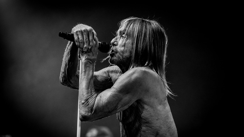 Black and white shot of Iggy Pop playing live
