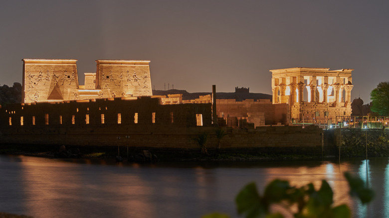 A distant view of Philae temple at night