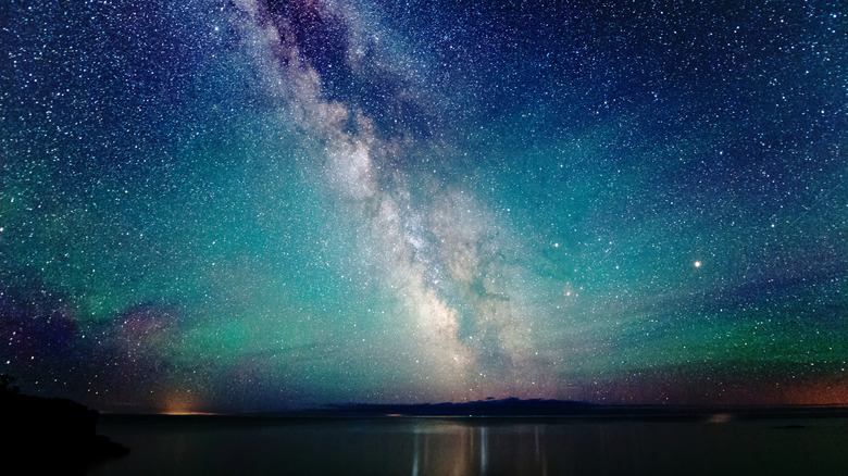 Dark sky and northern lights over Lake Superior in Minnesota