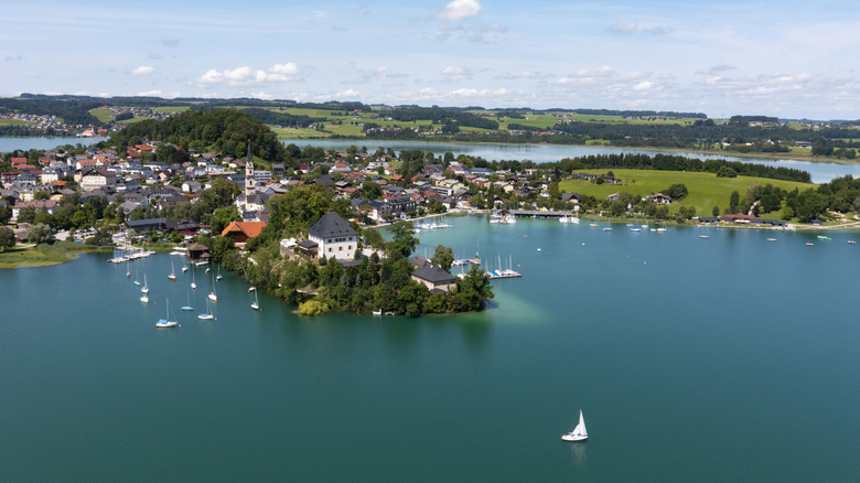 Aerial view of the beautiful lakeside town of Obertrum am See, Austria