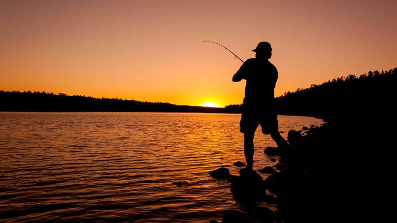 A fisherman fighting a fish at sunset.