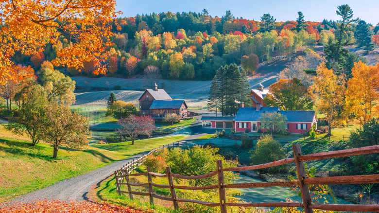 Houses and fall foliage in Woodstock, Vermont