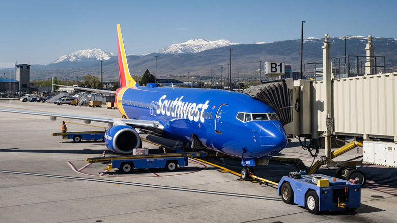 Southwest Airlines plane attached to a jet bridge