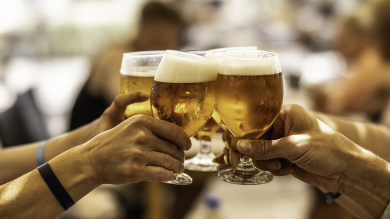 A group of friends toasting with some beer.