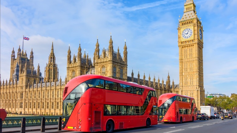 Buses and Big Ben in London, England
