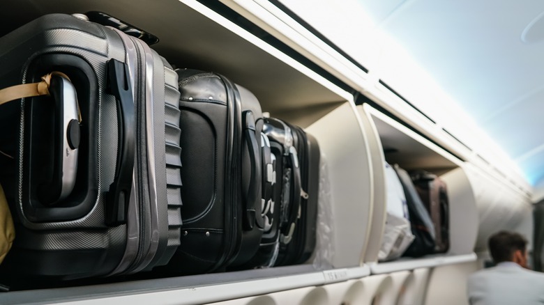 Suitcases inside an overhead bin