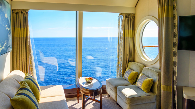 Luxurious cruise cabin room sailing in the ocean