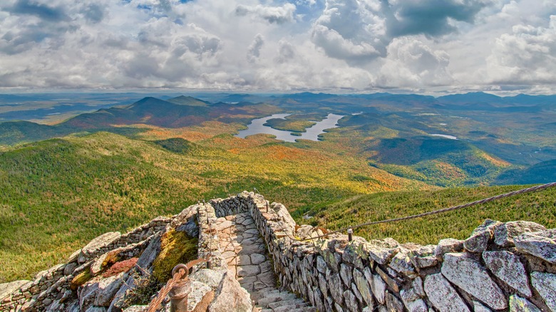 Rocky Adirondack staircase with view of Lake Placid