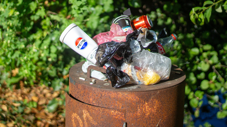 An overflowing trash can in a forested area