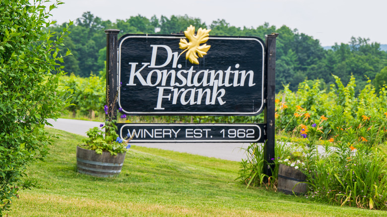 Dr. Konstantin Frank wooden sign and vineyard