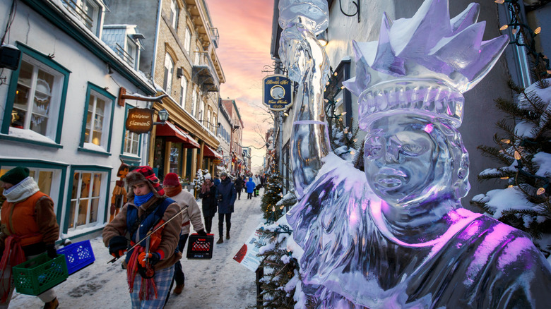An illuminated ice sculpture at the Quebec Winter Carnival.