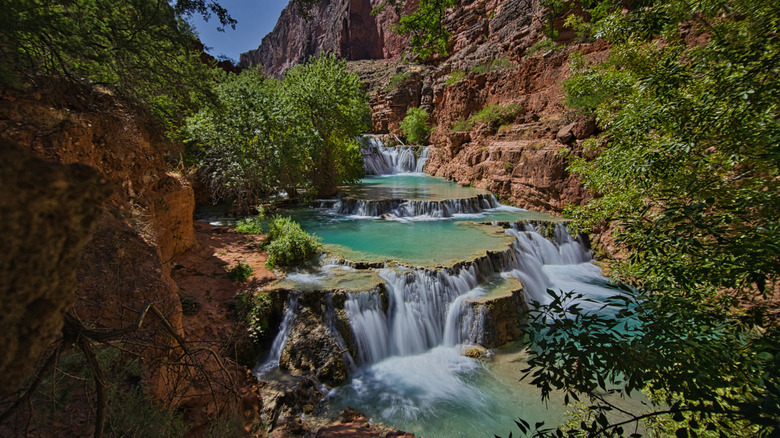 Several waterfalls in the area known as Havasu Falls in the Grand Canyon