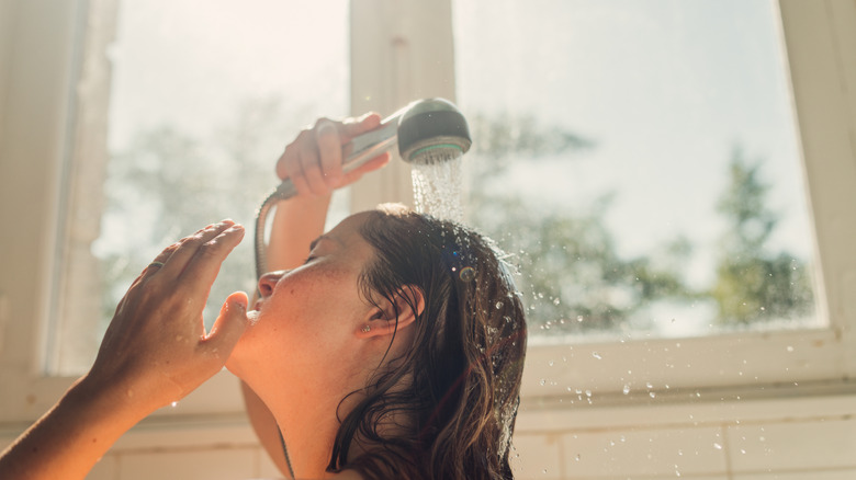 Person using a handheld showerhead in European bathroom
