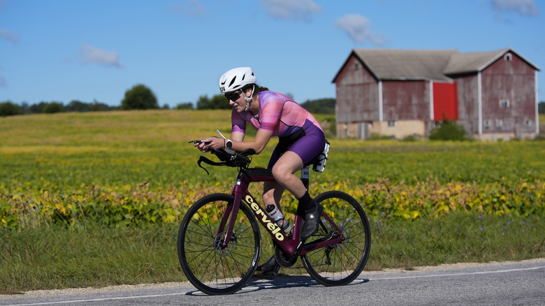 A female IRONMAN competitor near Madison, Wisconsin
