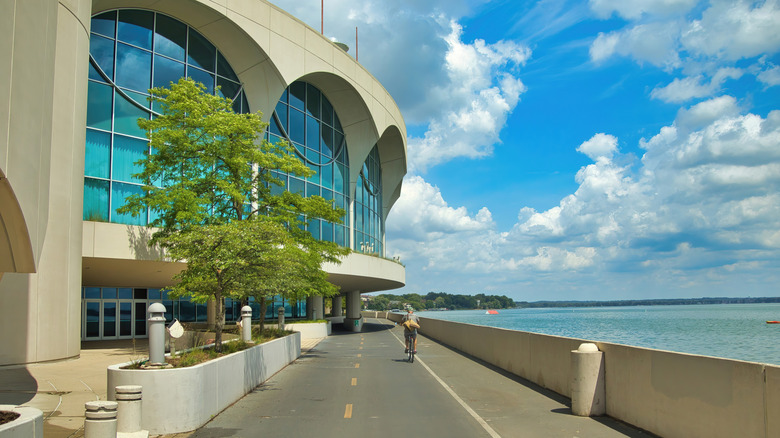A cyclist next to Monona Terrace, Madison, Wisconsin