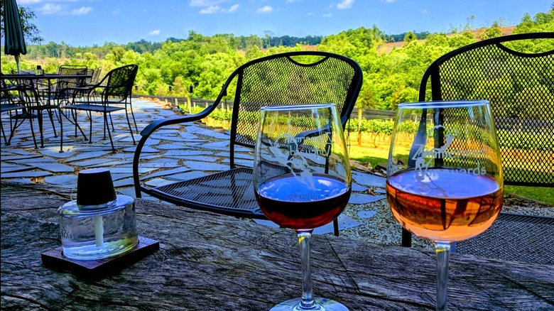 Two wine glasses with green trees and blue sky in background on terrace