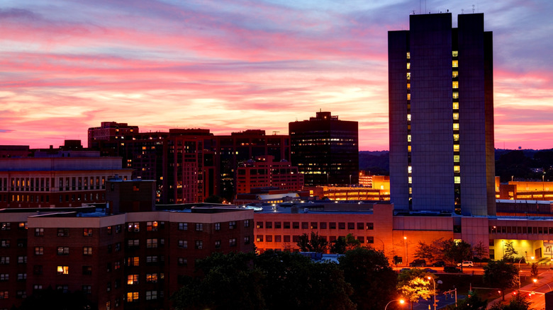City skyscrapers under the sunset sky in White Plains, New York