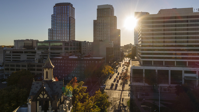 Downtown White Plains, New York, with the sun shining in the background