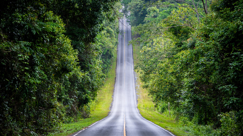 Straight road in a rural area going up a hill