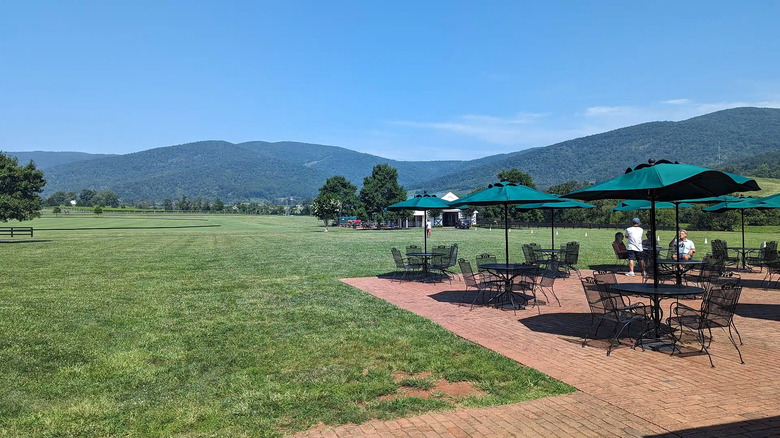 The patio at King Family Vineyards in Crozet, Virginia, with mountains in the background
