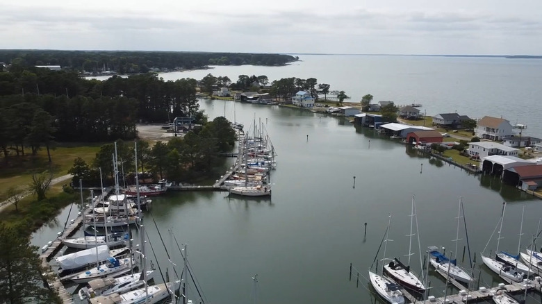 Aerial view of Deltaville marinas on the Rappahannock River, Virginia