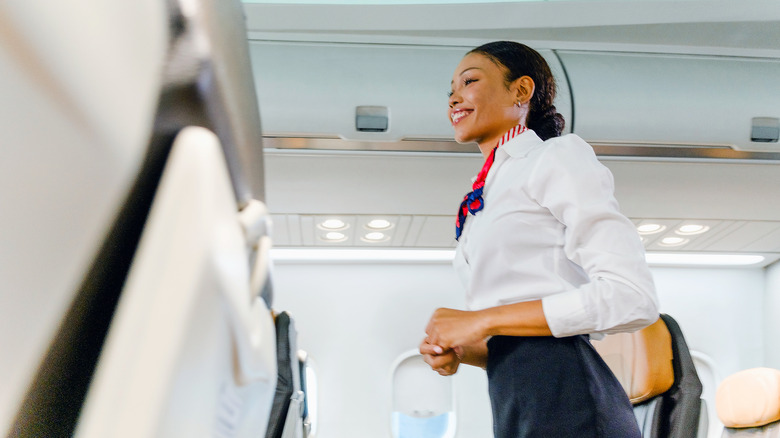 Side-view of a smiling flight attendant on a plane