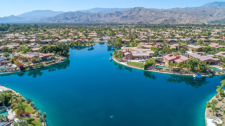 An aerial view of Rancho Santa Margarita Lake and houses