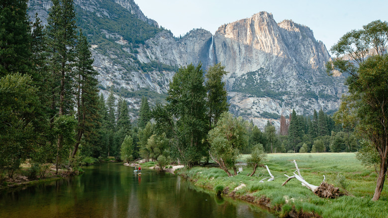 People in tubes in the distance on the Merced River in Yosemite National Park