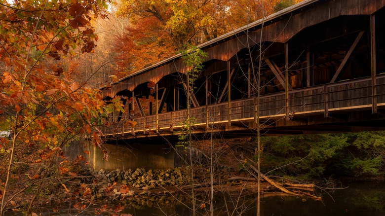 The Mohican covered bridge during fall in the Mohican State Park in Ohio.