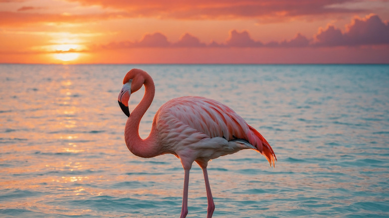 Two flamingos walking on Flamingo Beach in Aruba