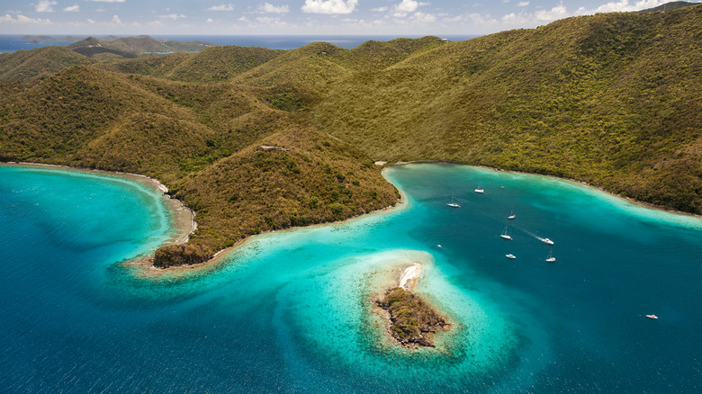 Aerial view of Waterlemon Bay with island and boats