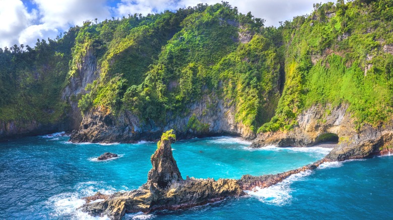A drone view of the picturesque Glassy Point on the east coast of Dominica, Caribbean, where volcanic mountains and clear blue waters meet