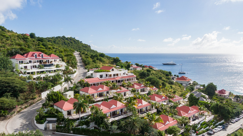 A sky-view image of the Fouquet's Saint-Barth hotel property overlooking the Caribbean Sea in St. Barts