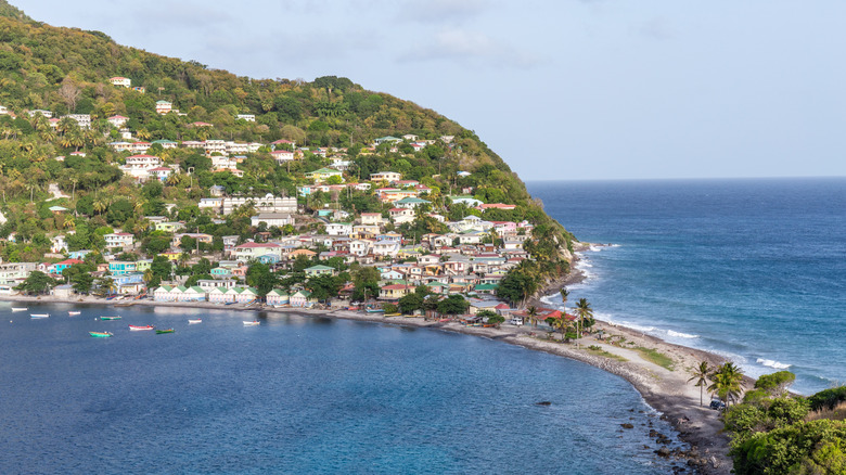 A view of Scotts Head bay on the lush green island of Dominica in the Caribbean
